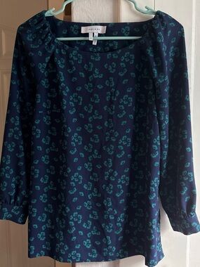 Lark & Ro Navy Blouse with Teal Floral Print